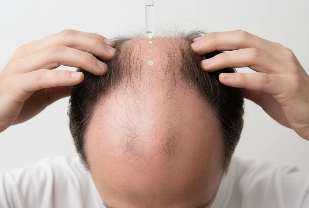 Paciente con alopecia aplicando tratamiento tópico para la caída del cabello en Dr. Eternal, Bogotá
